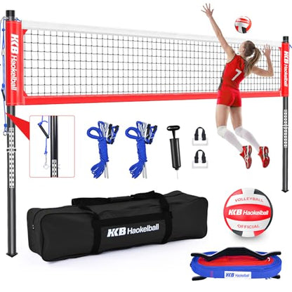 Haokelball Outdoor Volleyball Net Set for Backyard, 32FT Regulation, 3-Level Adjustable Height & Anti-Sag Tension System, Heavy Duty Thick Poles, Includes Volleyball, Pump, Boundary Line and Carry Bag