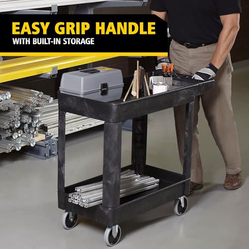 Rubbermaid Commercial Products 2-Shelf Utility/Service Cart, Small, Lipped Shelves, Storage Handle, 500 lbs. Capacity, for Warehouse/Garage/Cleaning/Manufacturing - size: Small