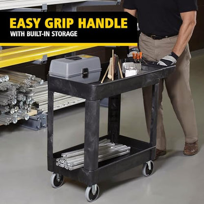 Rubbermaid Commercial Products 2-Shelf Utility/Service Cart, Small, Lipped Shelves, Storage Handle, 500 lbs. Capacity, for Warehouse/Garage/Cleaning/Manufacturing - size: Small
