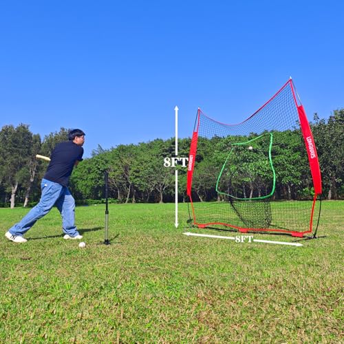 7x7ft/8x8ft Baseball Softball Net with Steel Frame for Batting, Hitting, Pitching, Portable Baseball Batting Net with Carry Bag, Great for All Levels - size: 8FT Red