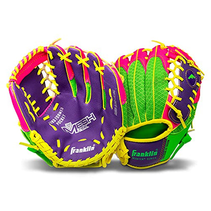 Franklin Sports Kids Baseball Glove + Foam Ball Sets - Meshtek Youth Teeball Gloves for Kids + Toddlers - Left + Right Hand Throw - 9.5" Inch - color: Purple/Pink/Yellow