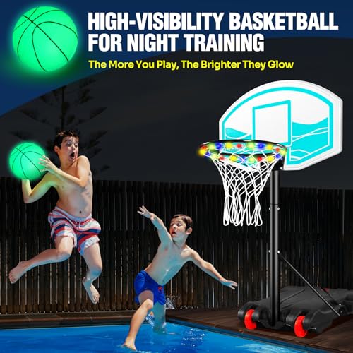 SPOYNAL Pool Basketball Hoop 7-Height Adjustable Swimming Pool Basketball with LED Light, 2 Balls & Pump, Portable Water Basketball Goals System