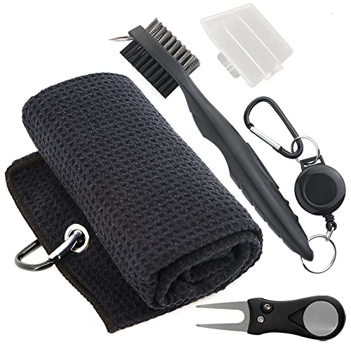 Golf Accessories Kit - Microfiber Waffle Pattern Golf Towel with Clip, Club Brush Groove Cleaner & Clip, Divot Tool with Marker - For Men & Women - color: 3 in 1 Golf Accessories
