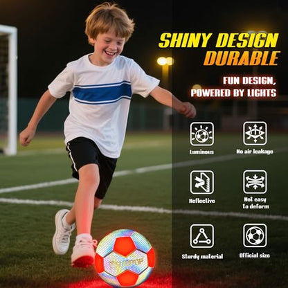 Glow in The Dark Soccer Ball with LED Lights - Light Up Soccer Ball for Night Games, Size 5 Gift for Kids & Adults, Includes Pump