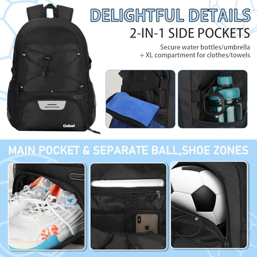 Goloni 30L Sports Backpack with Ball Compartment & Ventilated Shoe Pocket,Basketball Soccer Bag for Youth Boys Girls - color: Black