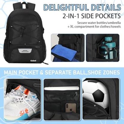 Goloni 30L Sports Backpack with Ball Compartment & Ventilated Shoe Pocket,Basketball Soccer Bag for Youth Boys Girls - color: Black