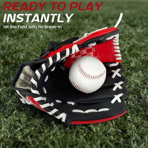 Baseball Glove + Ball Sets, Softball Glove, Baseball Mitt, 10.5''-12.5'' for Youth/Adult Training and Beginner Play, Synthetic Leather Softball Mitt - color: Black,Red, size: 10.5"