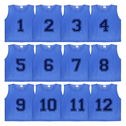 Athllete 12 pcs Duramesh Pinnies/Scrimmage Vest - Kids Youth and Adult Pinnies, Numbered Penny Jerseys for Soccer - color: Azure Blue Numbered Front/Back (1-12), size: Medium