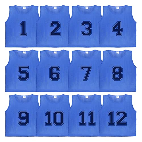 Athllete 12 pcs Duramesh Pinnies/Scrimmage Vest - Kids Youth and Adult Pinnies, Numbered Penny Jerseys for Soccer - color: Azure Blue Numbered Front/Back (1-12), size: Large