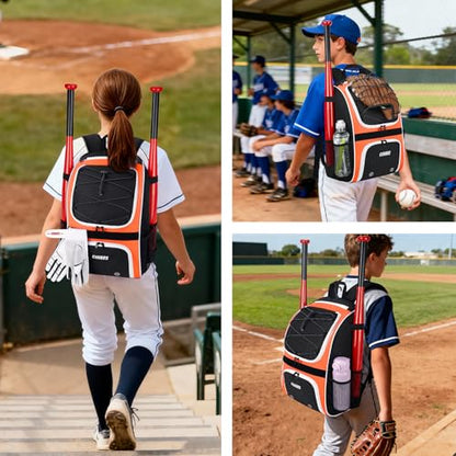 Youth Baseball Bag - Baseball Backpack Bat & Glove Holder, T-Ball & Softball Equipment & Gear,Large Main Compartment for Helmet & accessories, Fence Hook，Insulation Pocket - color: orange