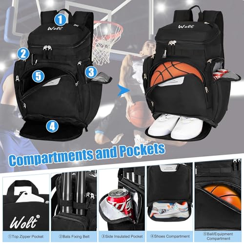 WOLT Basketball Backpack, Basketball Bag for Men with Shoes Compartment, Sports Backpack for Baseball, Soccer, Football