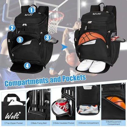 WOLT Basketball Backpack, Basketball Bag for Men with Shoes Compartment, Sports Backpack for Baseball, Soccer, Football