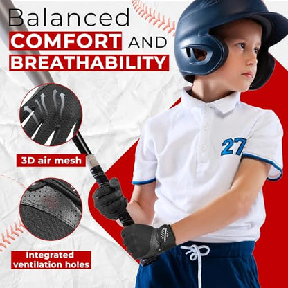 HANDLANDY Baseball Batting Gloves for Adult Youth, Grip Breathable Softball Batting Gloves Fit Men Kids Boys Girls - color: Dark Black-Kids, size: Kids X-Small