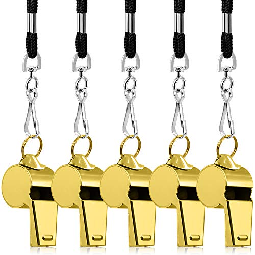 FineGood 5 Packs Stainless Steel Whistle, Metal Warning Whistle with Lanyard for Referee Coaches Football Basketball