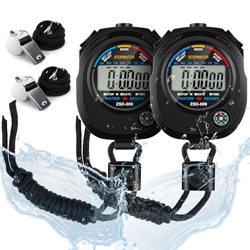 2 Pack Digital Stop watch Timer with 2 Whistle Set | Water resistant Stopwatch with Large Display Date, Time & Alarm | Sports Stopwatch for Swimming, Running and Fitness | Perfect for Coaches | Black