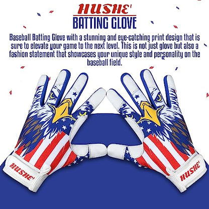 Hushe' American Flag Batting Gloves & Softball Gloves USA Flag Baseball Batting Gloves Youth Kids Baseball Batting Glove for Youth Men Adult & Unisex. - color: White Eagle, size: Youth Large