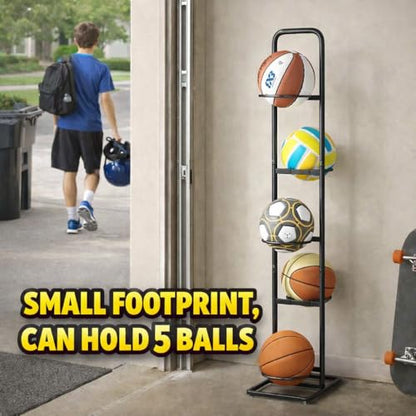 Vertical Ball Storage Rack - Adjustable 5-Tier Sports Organizer Stand for Basketball, Soccer, Volleyball and More（56.7inches） - style: 5-tier without Basket