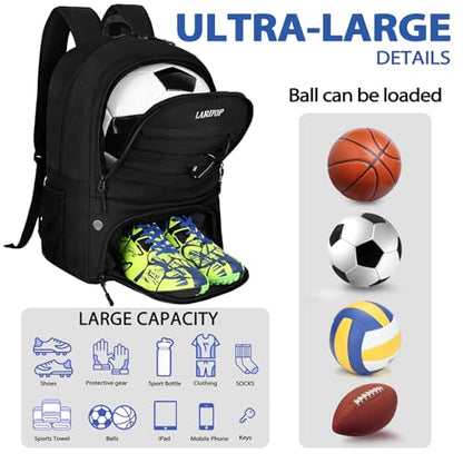 LARIPOP Soccer Backpack with Ball Holder & Shoe Compartment Large Capacity Youth Sports Bag for Training - color: black