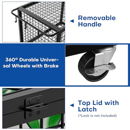 Boshen 41.7" Extra Large Ball Cart Storage Rolling with Lockable Wheels Lid & Removable Handle, XXL Sports Equipment Basketball Storage Holds Up to 36 Balls for School, Club, Gym, Garage