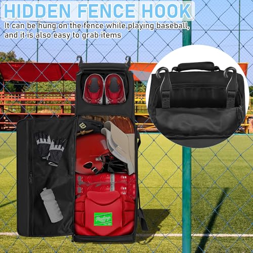 Large Rolling Baseball Bag with Wheels,Softball Catcher Gear Bag for 4 Bats with Fence Hooks ,Portable Roller Baseball Bag with Separate Shoe Space,Baseball Equipment Bag Holds Bat, Helmet and More
