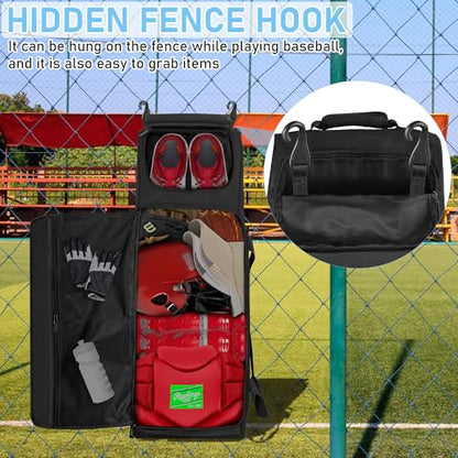 Large Rolling Baseball Bag with Wheels,Softball Catcher Gear Bag for 4 Bats with Fence Hooks ,Portable Roller Baseball Bag with Separate Shoe Space,Baseball Equipment Bag Holds Bat, Helmet and More