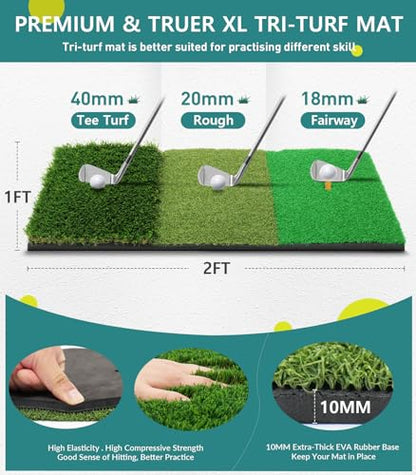 Golf Net: 10x7FT Golf Practice Net for Backyard Driving, Hitting Net with Tri-Turf Mat, Indoor Training Chipping Aid Nets with Reduce Noise Nylon Target, Gifts for Men/Dad/Him