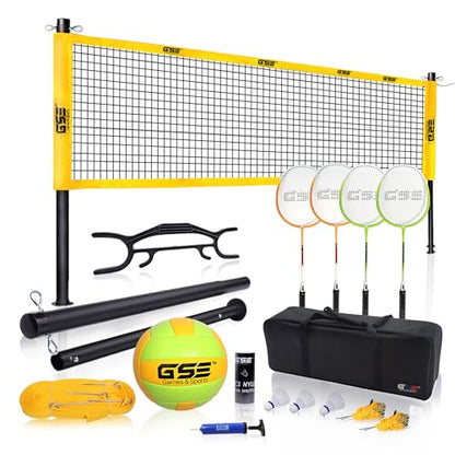 GSE Games & Sports Expert Outdoor Badminton and Volleyball Combo Set, Yard Net Game Set with Ball, Pump, Boundary Line and Carry Bag for Backyard, Beach, Lawn and Park, Family Games - color: Professional Badminton/Volleyball Set