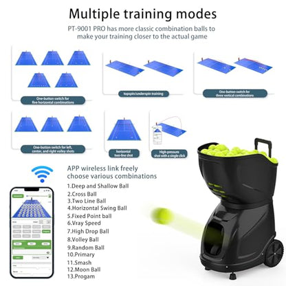 PT-9001 Tennis Ball Machine, Professional Tennis Ball Launcher, 150+ Ball Capacity, 35 Landing Points & Variable Speed,Dual-Control via APP & Remote for Advanced Players(4-6H Runtime)