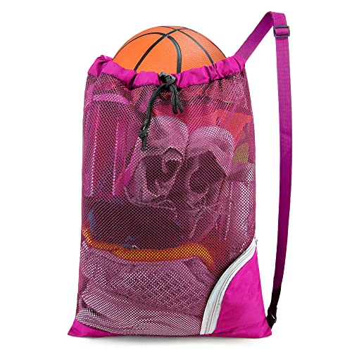 BeeGreen Mesh Drawstring Bag Swim Backpack for Beach Pool Sports Gym Draw String Cinch Bags for Swimming Soccer Basketball Gear Rose Red - color: Rose Red