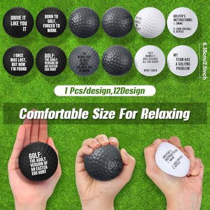 RoundFunny 12 Pcs Mini Golf Stress Balls - 2.5 Inch Squeeze Foam Balls for Father‘s Day Gifts, Sports Stress Relief, Golf Club Prizes, Party Favors, Office(Black, White, Gray)