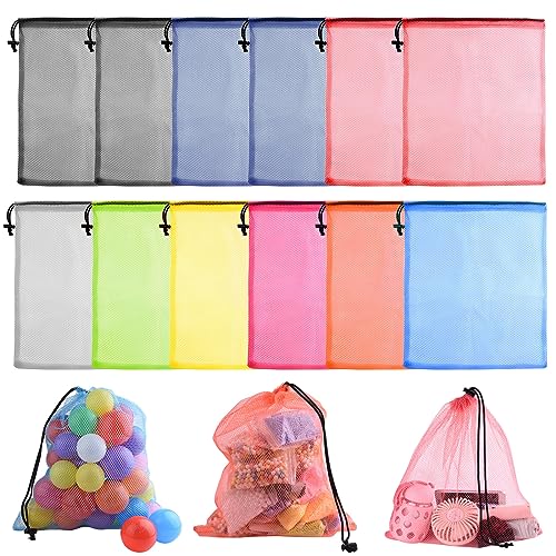 PLULON 12 Pcs Mesh Bag Drawstring Mesh Laundry Bags, 13 x 15.5 Inch Nylon Drawstring Bag for Pool Beach Ball Toys Storage Bag for Collecting Travel Sports Gym (Multicolor)