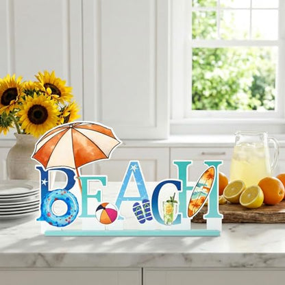 Smile Summer Indoor Decorations Wooden Decor, Beach Hawaii Style, Sign for Home Tabletop Centerpiece Mantel Shelf Fireplace - style: Letter Beach