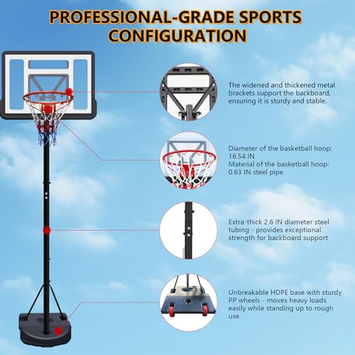 Portable Basketball Hoop, 7-10ft Height Adjustable Basketball Goal System for Youth Adults, Shatterproof Backboard & Crank Handle, Outdoor Basketball Hoop for Driveway