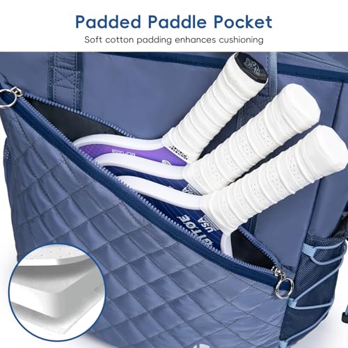 Pickleball Tote Bag for Women with Fence Hook, Quilted Pickleball Bag Holds 3-4 Paddles with Shoe Compartment & Wet Pocket - color: Blue