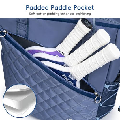 Pickleball Tote Bag for Women with Fence Hook, Quilted Pickleball Bag Holds 3-4 Paddles with Shoe Compartment & Wet Pocket - color: Blue