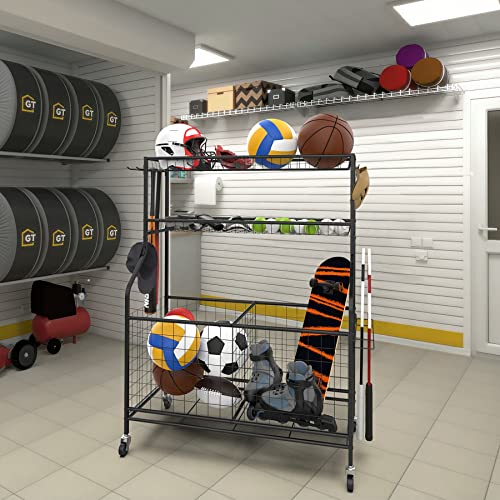 WALMANN Garage Ball and Sports Equipment Organizer, Ball Storage Rack Indoor/Outdoor Kids Balls/Toys Storage Stand, Rolling Ball Cart