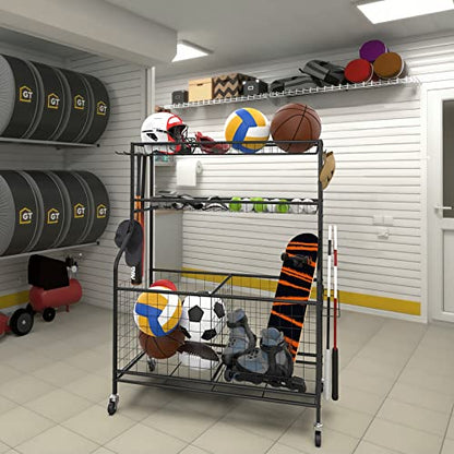 WALMANN Garage Ball and Sports Equipment Organizer, Ball Storage Rack Indoor/Outdoor Kids Balls/Toys Storage Stand, Rolling Ball Cart