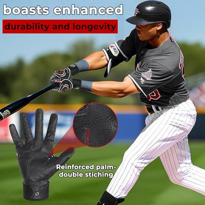 AIGEVTURE Baseball Bating Gloves Adult Youth Baseball Softball Batting Gloves Adult Kids Boys Girls - color: Black-leather, size: Adult Large