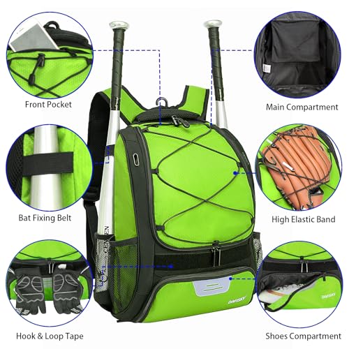 DAFISKY Baseball Bag Softball Backpack - Youth Adult T Ball Bat Equipment Bag with Bat Helmet Holders, Shoe Compartment - color: Green