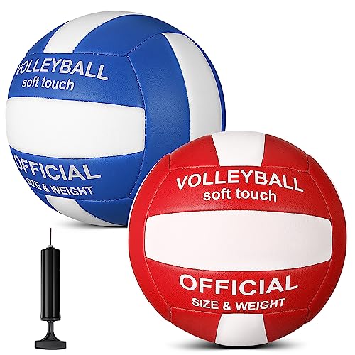 Lenwen 2 Pack Beach Volleyball Official Size 5 for Indoor Outdoor, Waterproof Soft Volleyball with Pump for Adult Beginner Beach Game Gym - color: Blue-White, Red-White