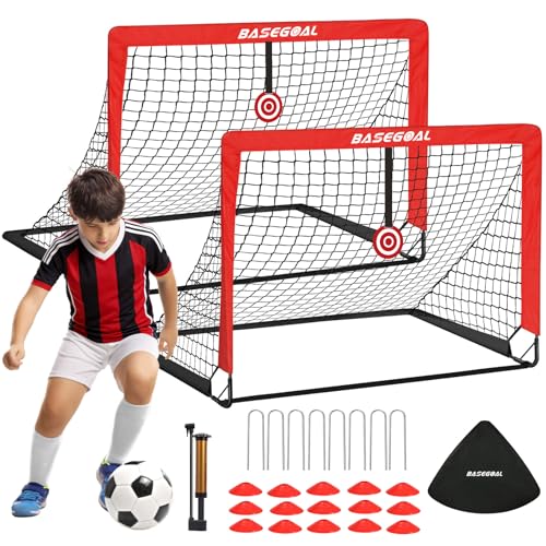 BaseGoal Soccer Goals for Backyard Set of 2, 4x3ft Kids Soccer Goal Portable Pop Up Soccer Net for Kids & Youth, Outdoor Soccer Training Equipment with Soccer Ball, Cones, Targets & Accessories - color: Red Black