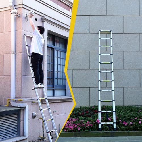 Telescoping Ladder, Aluminum Lightweight Extension Ladder with 2 Triangle Stabilizers, Heavy Duty 330lbs Max Capacity, Multi-Purpose Collapsible Ladder for RV or Outdoor Work (13.5FT) - size: 13.5FT