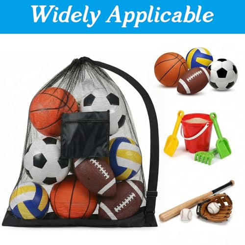 Bremorou Mesh Bags Drawstring, Extra Large Mesh Ball Bag - Heavy Duty Drawstring Backpack for Sports Equipment, Sport Balls Storage Bag with Pocket, Adjustable Shoulder Strap for Gym, Beach, Travel