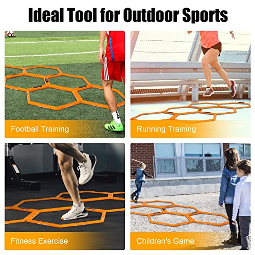 Max4out Hex Agility Rings Set of 6/12 Rings for Speed & Agility Footwork Training, Hexagon Ladder with Fitness Equipment Sport Workout Home Gym, Kids and Adults (Orange)