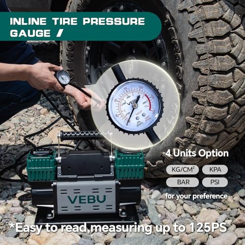 Heavy Duty Air Compressor 12V Tire Inflator, Dual Cylinder 125PSI with In-line Pressure Gauge, 10.6CFM Fast Inflation for Off-road Vehicles, Trucks, SUVs, RVs, ATVs, DC Power, Corded Electric - style: Dual Cylinders + Inline Gauge