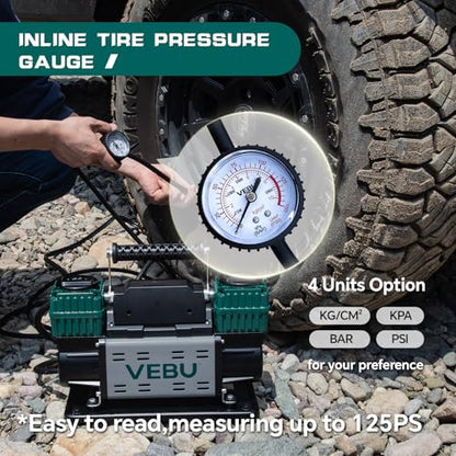 Heavy Duty Air Compressor 12V Tire Inflator, Dual Cylinder 125PSI with In-line Pressure Gauge, 10.6CFM Fast Inflation for Off-road Vehicles, Trucks, SUVs, RVs, ATVs, DC Power, Corded Electric - style: Dual Cylinders + Inline Gauge