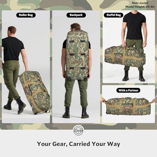STOVER 45/80/100L Rolling Duffel Bag with Wheels, X-Large Durable Travel Duffle + Toiletry Bag, Heavy Duty, Packable with Shoulder Straps- Use as Luggage or Backpack (Camouflage) - color: Camouflage