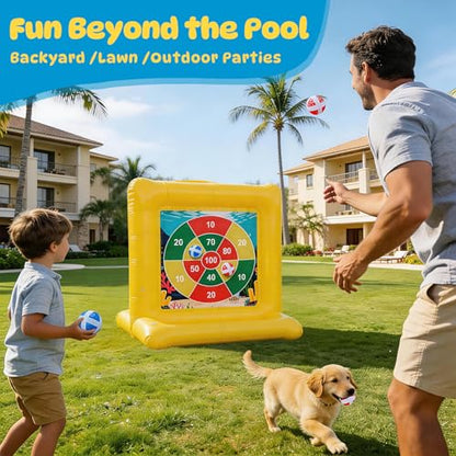 TicTac Shot Pool Toys Games for Kids & Adults, 2-in-1 Pool Basketball Hoop & Dart Target, Family Pool Party Games with Multiple Balls - Yellow