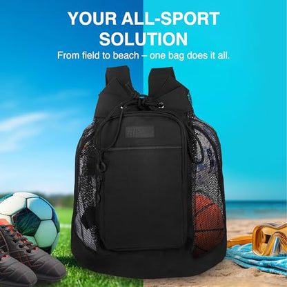 Fitdom Heavy Duty Small Mesh Equipment Ball Bag w/Adjustable Backpack Shoulder Strap Design for Coach. 3 Different Size Compartments. Perfect for Soccer Football Volleyball Basketball & Water Sports