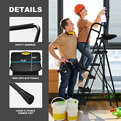 HBTower 5 Step Ladder, Folding Step Stool with Wide Anti-Slip Pedal, Tool Tray & Handrails, 330lbs Capacity for Home and Kitchen, Black - color: Black, size: 5 Step Ladder